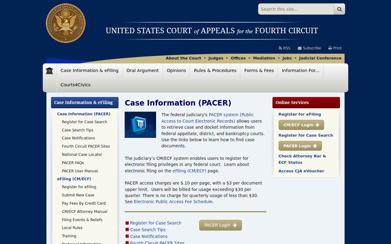 Bladen County criminal docket search and the separate Fourth Circuit case-information route