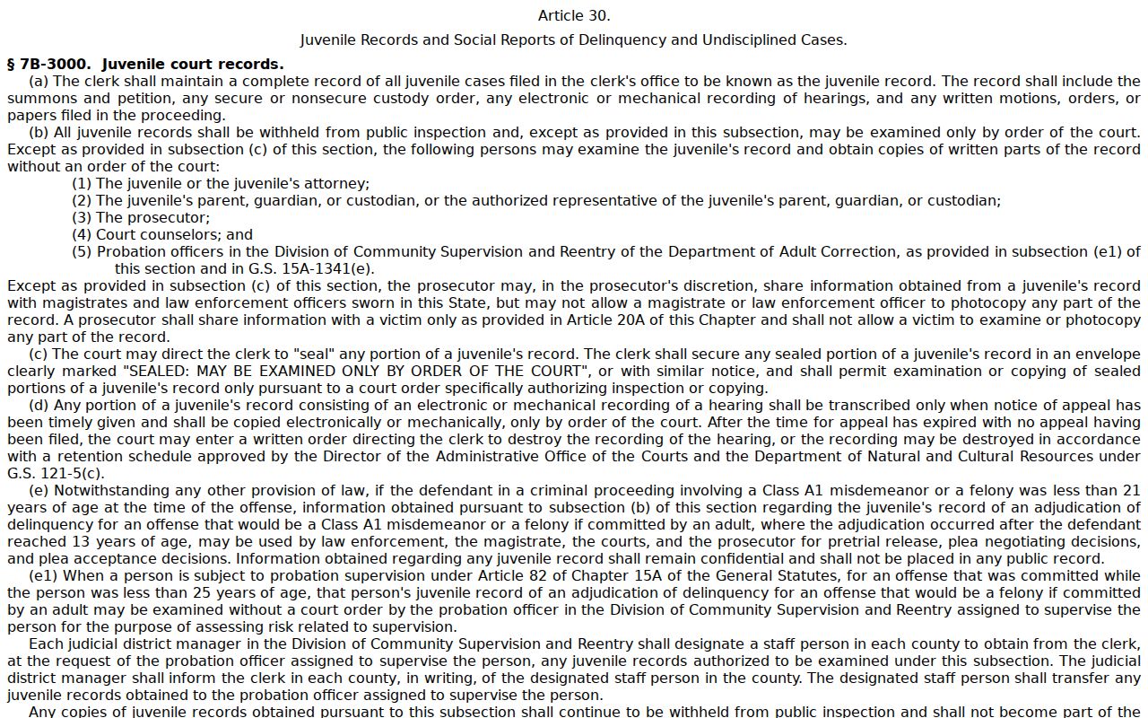 Bladen County criminal dockets and juvenile record access limits
