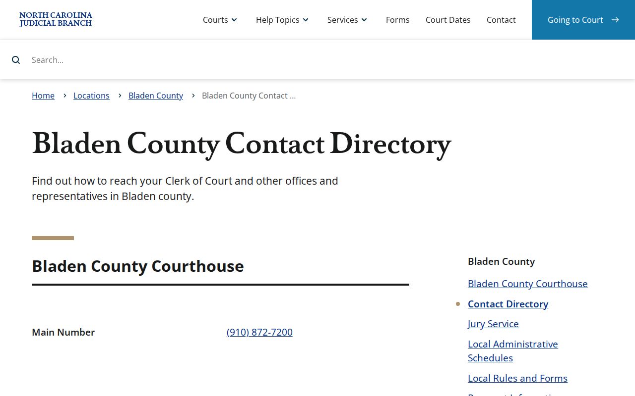 Bladen County court docket clerk and court contact routing